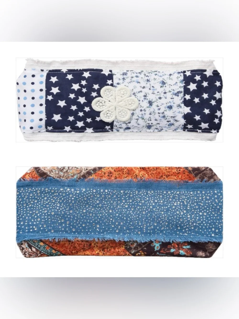 Bohemian Hippie Patchwork Wide Headbands Duo Fits All Rhinestone Cotton Linen